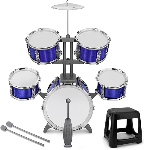 Miniatura 1 de Juego de batería para niños, 5 piezas, kit de batería de jazz con taburete, instrumentos musicales, juguetes para niños de 3, 4, 5, 6, 7 años,