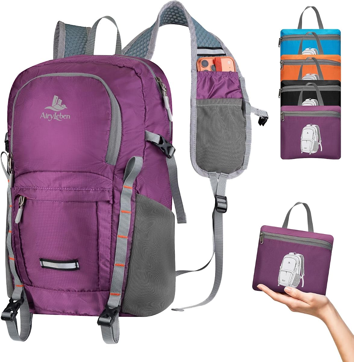 20L Small Hiking Backpack for Women Men, Lightweight Packable Daypack | Water-Resistant Fabric, Quick Access Pocket, Adjustable Strap, Foldable Day pack for Camping, Cycling, Travel (Purple)