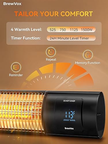 Miniatura 5 de Calentador eléctrico infrarrojo de carbono de 1500 W para patio al aire libre con termostato, horizontal y vertical, programación controlada por