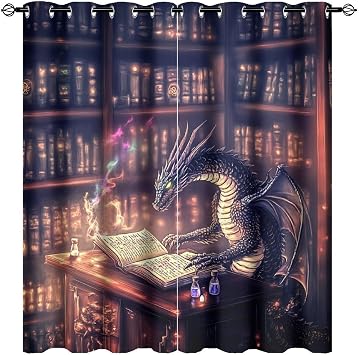 Fantasy Dragon Table Blackout Curtains for Bedroom Living Room, Bookshelf Bottle Thermal Insulated Grommet Curtains Window Drapes, 31.5W x 72L, 2 Panels
