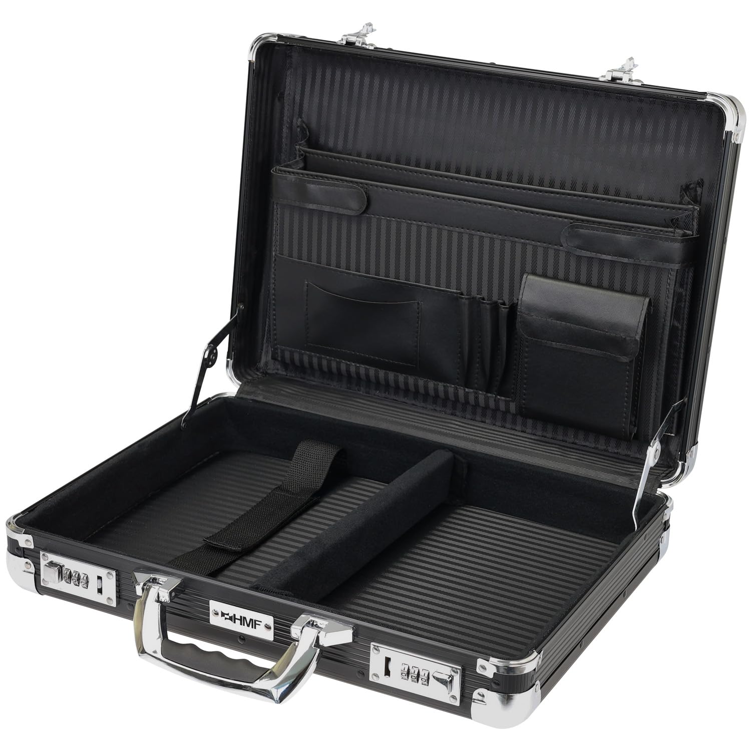 HMF Maletín de aluminio para portátil hasta 17,3 pulgadas, Maletín de negocios con cerradura de combinación, compartimento acolchado y organizador | 45 x 33 x 11 cm | Negro
