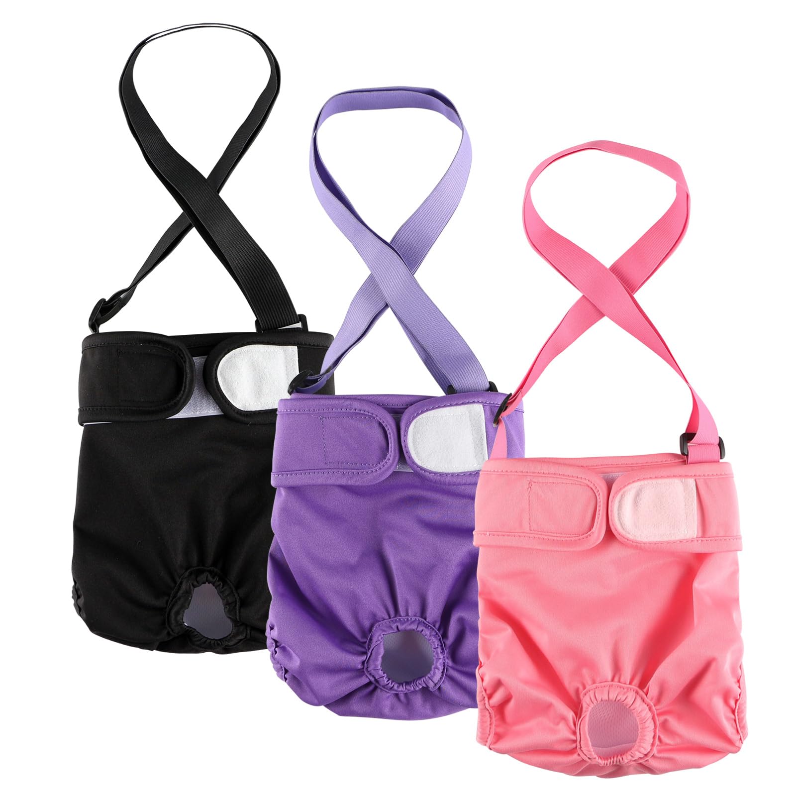 Hisprout 3-Pack Female Dog Diaper with Suspender Reusable Washable Breathable Durable Doggie Pants for Heat Season Period Incontinence(L,Pink/Purple/Black)