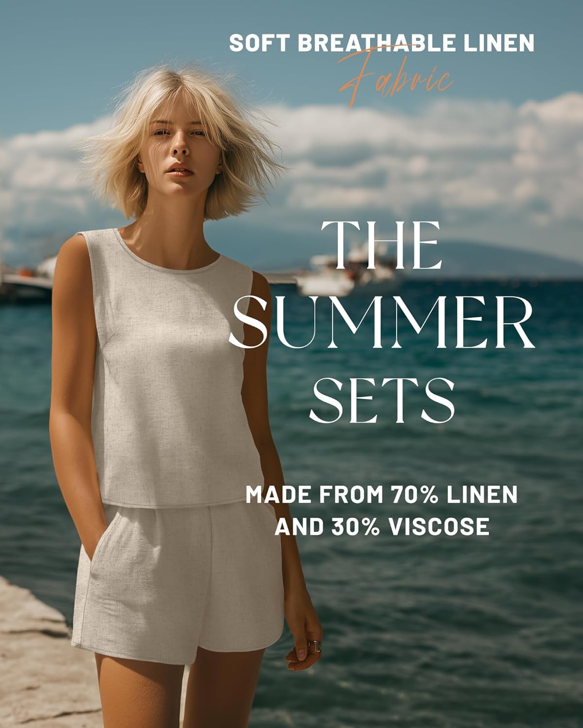 Ficerd Womens 2 Piece Summer Linen Outfits Short Sets Round Neck Sleeveless Tank Top Elastic High Waisted Shorts with Pockets - Image 5