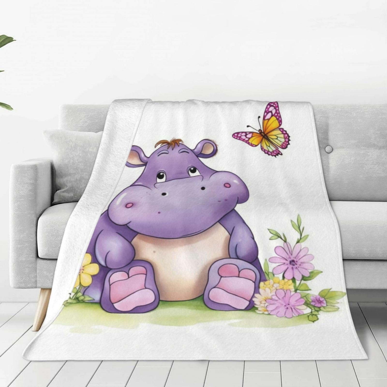 Butterfly and Hippo Throw Blanket for Couch, Plush Fuzzy Soft Flannel Blankets and Throws for Sofa, 50"x40" Bed Blankets for Travel Camping Chair, All Season Warm Fleece Blanket