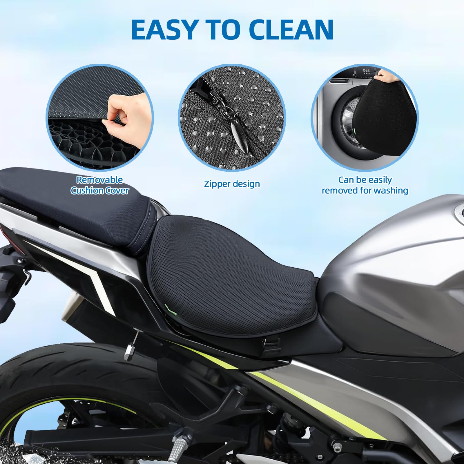 Cojín de gel universal para asiento de motocicleta, almohadilla de asiento con absorción de golpes de nido de abeja 3D, antideslizante y transpirable, con funda para asiento, para viajes de