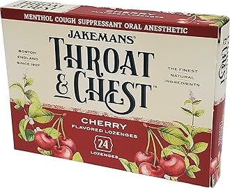 Jakemans Cherry Throat & Chest Lozenges Cough Drops – Cough, Sore Throat and Seasonal Distress Soothing Relief – Liquid Drop Shape – 24 Count