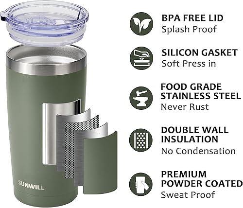 Miniatura 8 de SUNWILL - Vaso térmico de acero inoxidable aislado al vacío de doble pared y con tapa deslizante a prueba de salpicaduras, de 20 onzas, duradero,