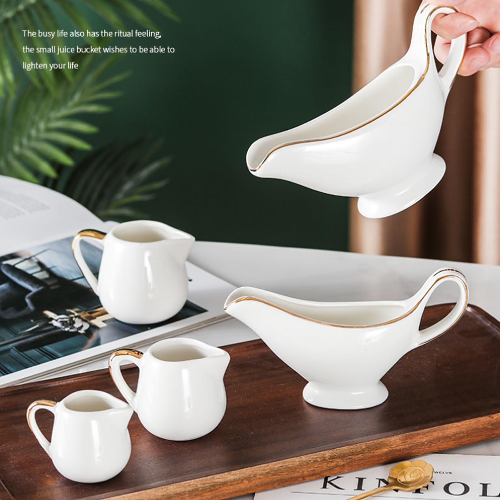 MRKU Pot à Lait, saucière, Tasse à Eau, pichet, Distributeur de crème et de café, sucrier, en céramique élégante avec liseré doré, idéal pour Le Miel, Design Artisanal.