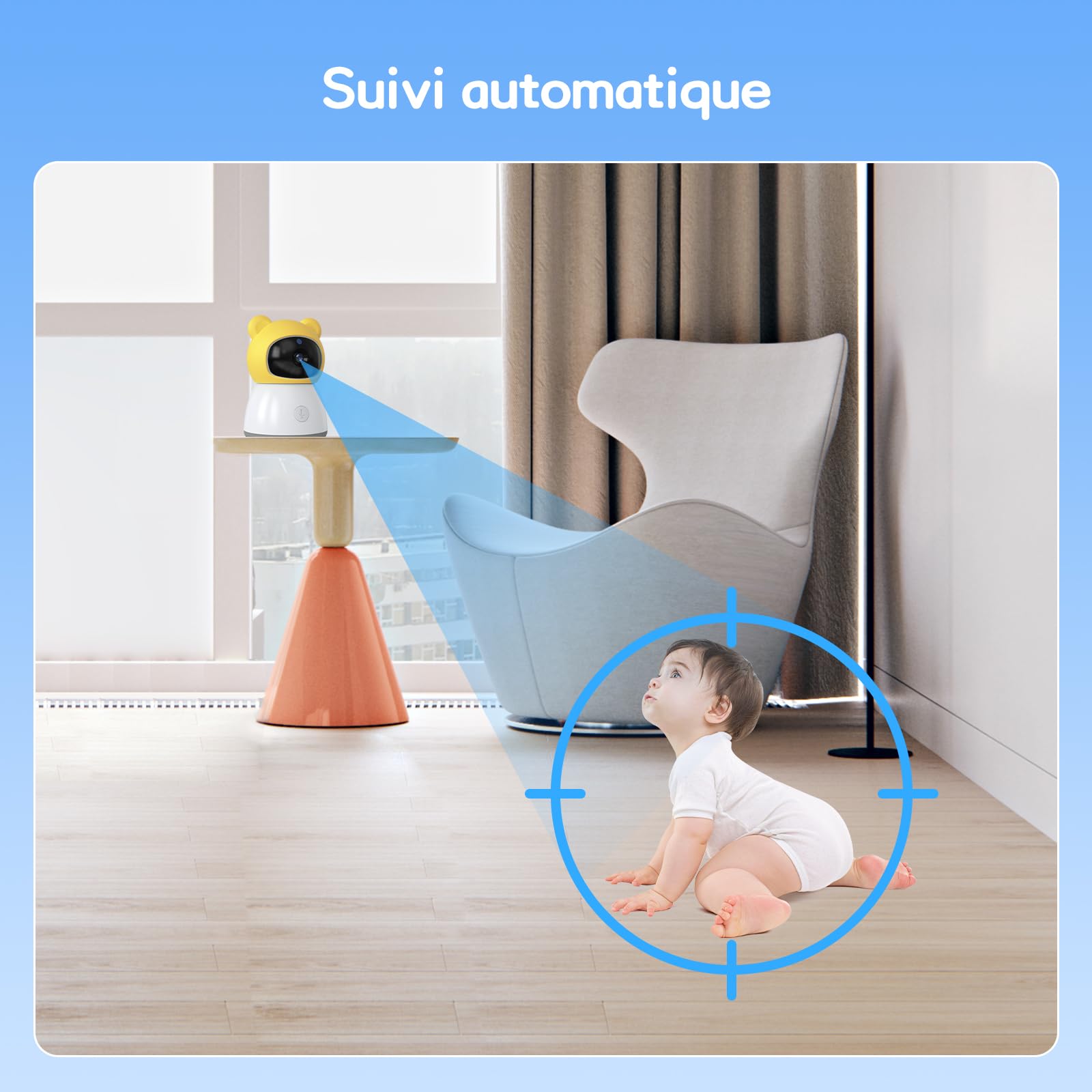 XPJ 2K 5" - Cámara de bebé con aplicación de teléfono, rotación de 360° luces de noche coloridas, zoom 4X, monitoreo de movimiento, seguimiento automático, zona de alarma personalizada