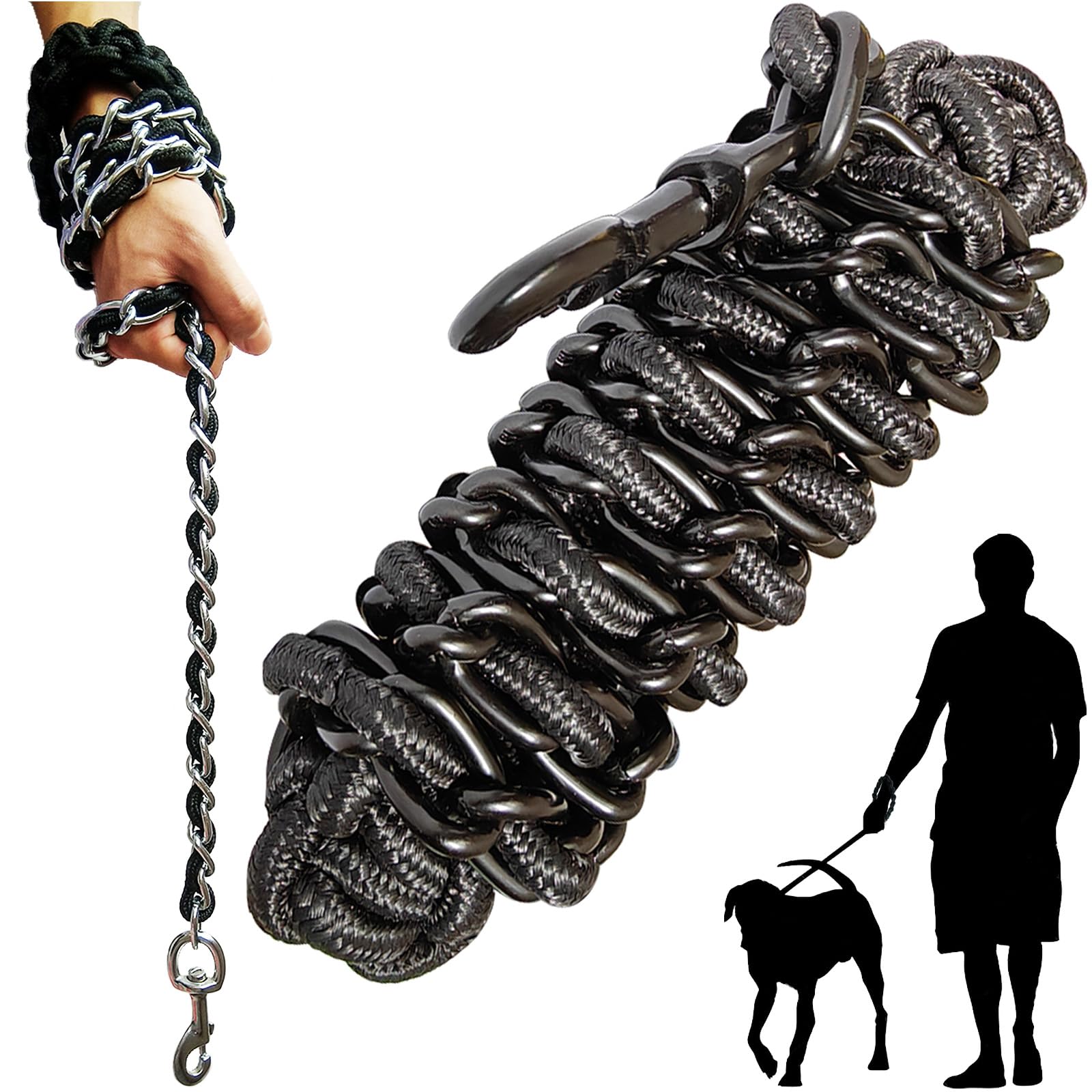 Dog lead Dog Leash Chain Metal Dog Rope Pet Collar Set Strong Heavy Duty Anti Bite 360 Hook for Medium and Large Dogs Training Walking (Black