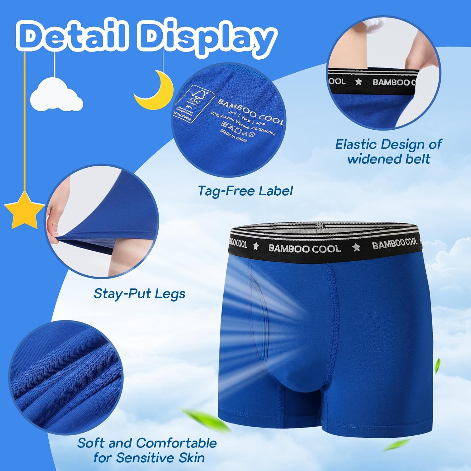 BAMBOO COOL Boys' Underwear Moisture-Wicking Brethable Boxer Briefs Soft Lightweight Tag-Free with Fly Pouch 6-Pack - Image 2