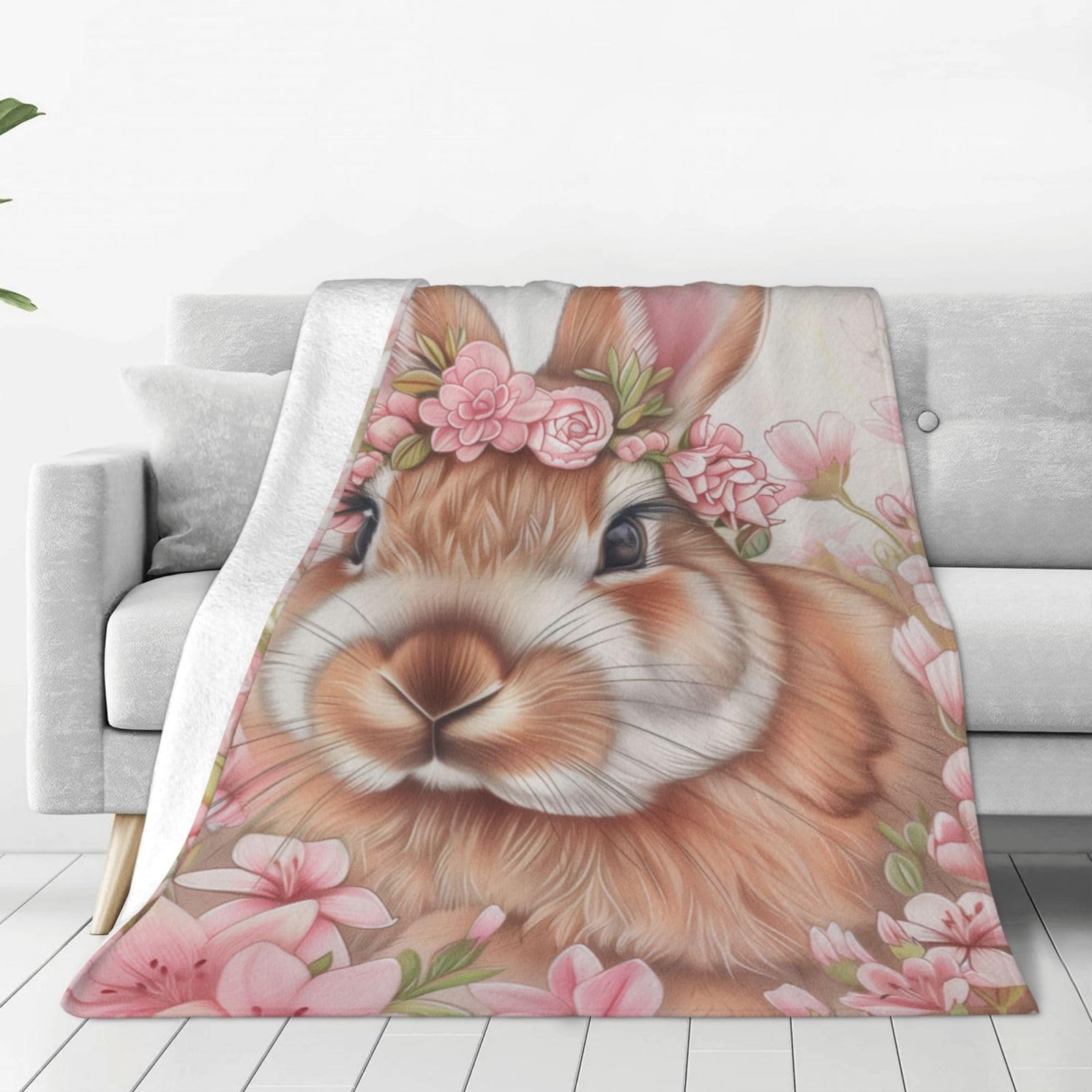 JOOCAR Osterhasen-Decke Rosa 127x152cm – Weiche Flanell-Plüschdecke Für Sofa, Bett & Couch