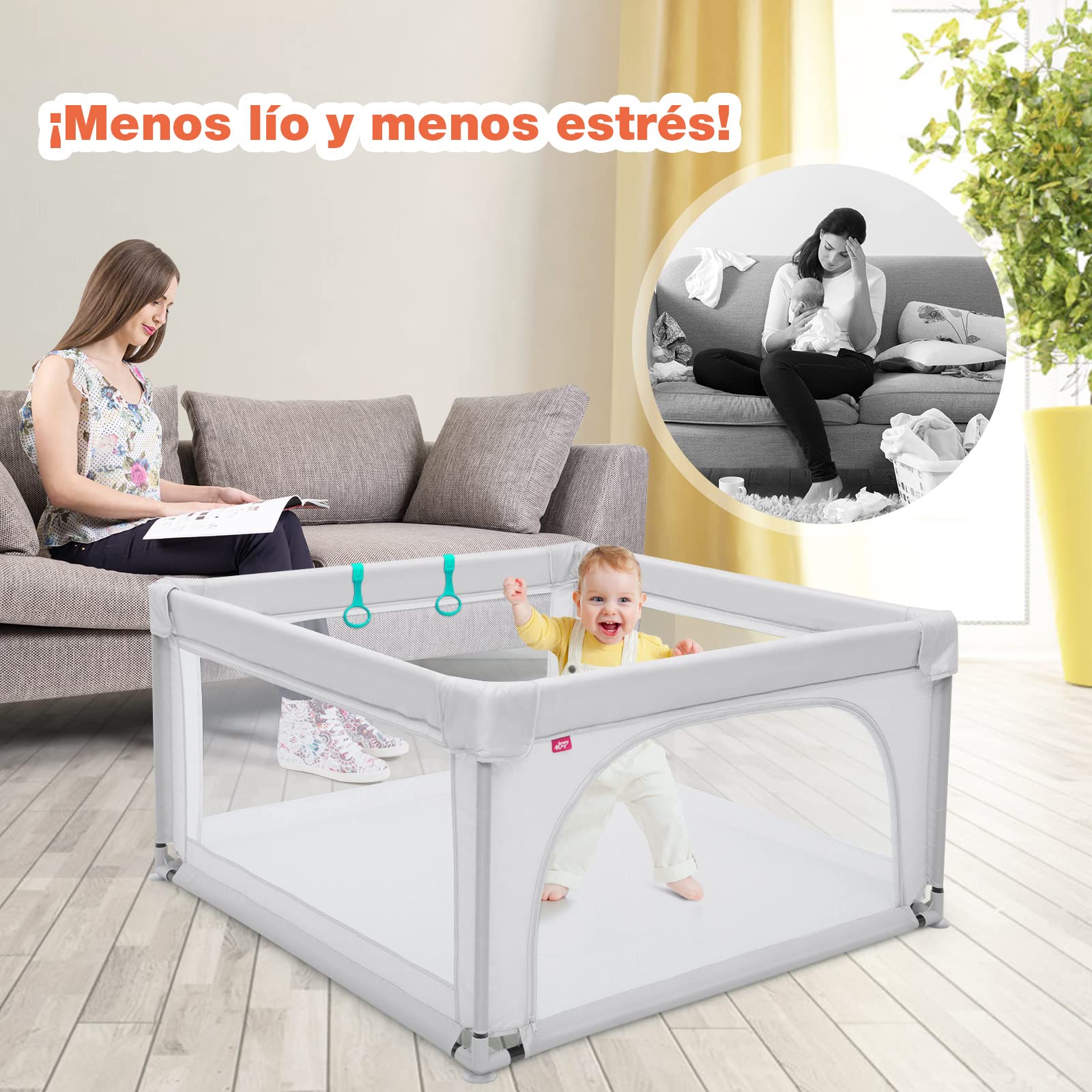 COSTWAY Parque Infantil Bebe,120x120x68cm, Corralito Bebe, Centro Actividad Portátil con Malla Transpirable, Parque de Juegos Bebé con Ventosas Antideslizantes, 50 Bolas y 2 Anillos (Gris)