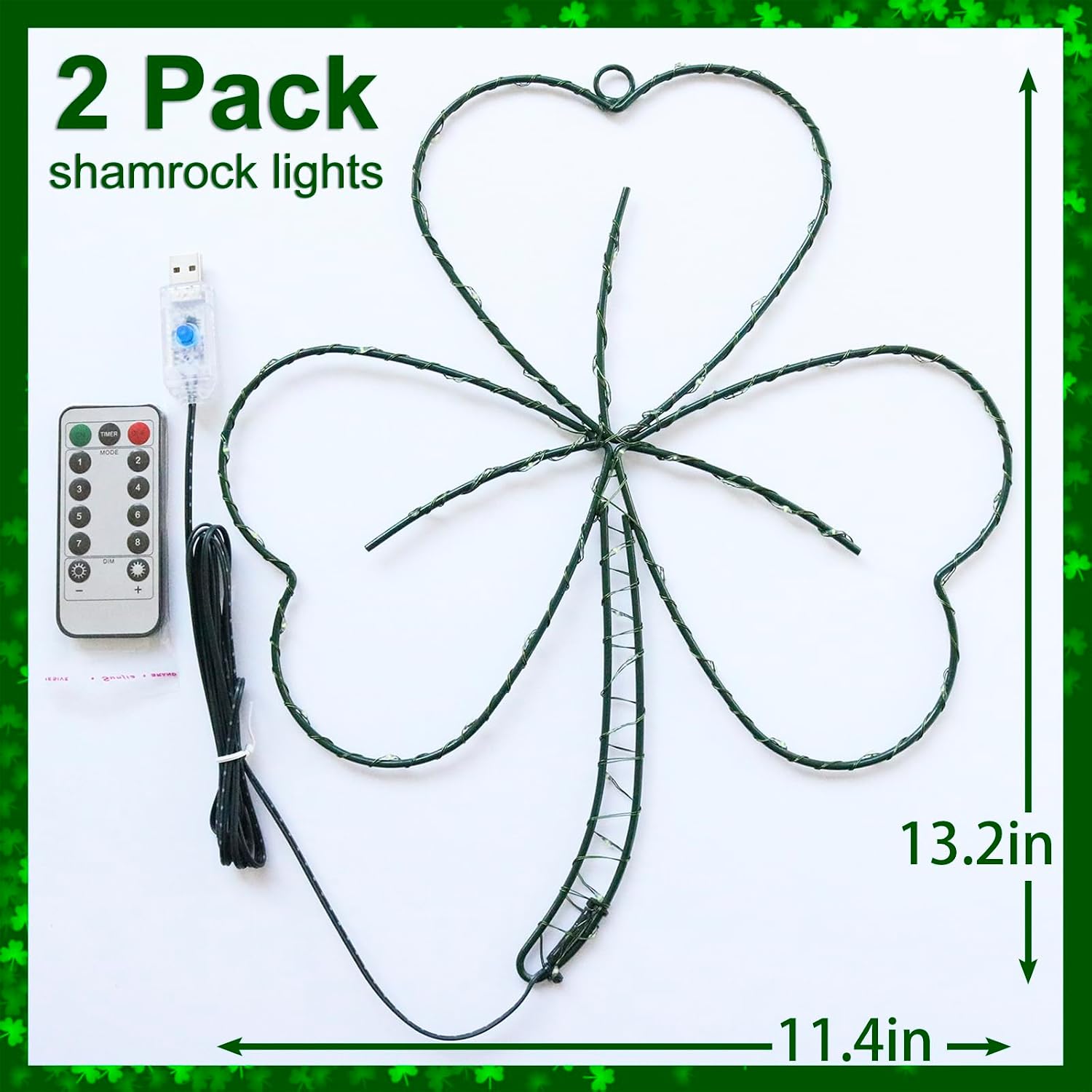 St Patricks Day Decorations,Irish Shamrock Clover LED Window Lights,13.2IN 58LED Irish Green Iron Frame Silhouette Lights, USB Powered Remote Control, Wall Indoor Outdoor Party Favors（2PACK）