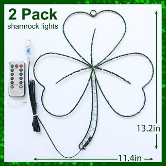 St Patricks Day Decorations,13.2In Green Shamrock 58Led Window Lights-2pcs | Irish Clover Iron Frame Silhouette Lights, 8Mode Timer USB Powered Remote Control, Wall Indoor Outdoor Party Favors
