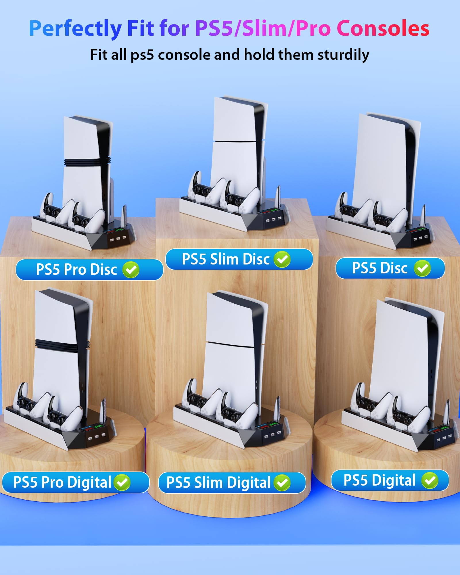 PS5/Slim/Pro Cooling Station with Controller Charging Station for PlayStation 5/Slim/Pro Console, PS5 Stand with Cooling Fan - Accessories Incl Headset Holder, 3 USB Hub,White & Black - 5