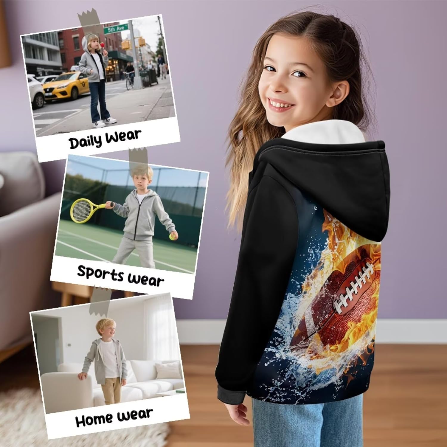 Boys' Sweatshirt Warm Hooded Fleece Hoodie Long Sleeves Zipper Jacket Sportswear for Kids 6-13 Years