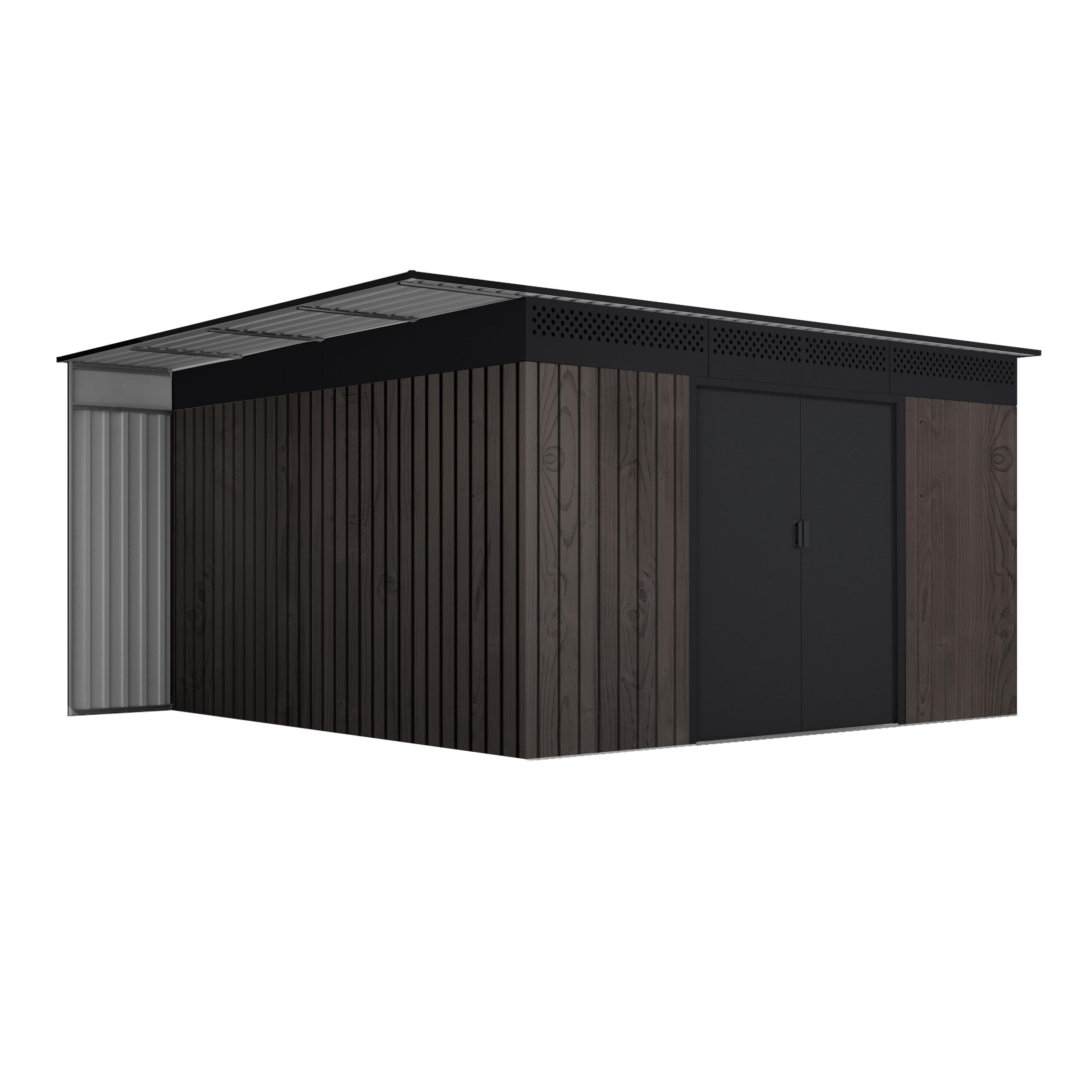 Wasabi Abri de jardin extérieur 13,22 m² Robin t1 – Effet bois Premium – Porte-bûches latéral – Double porte coulissante – Grilles de ventilation – Toit plat – Abri métallique de rangement – 397 x 333