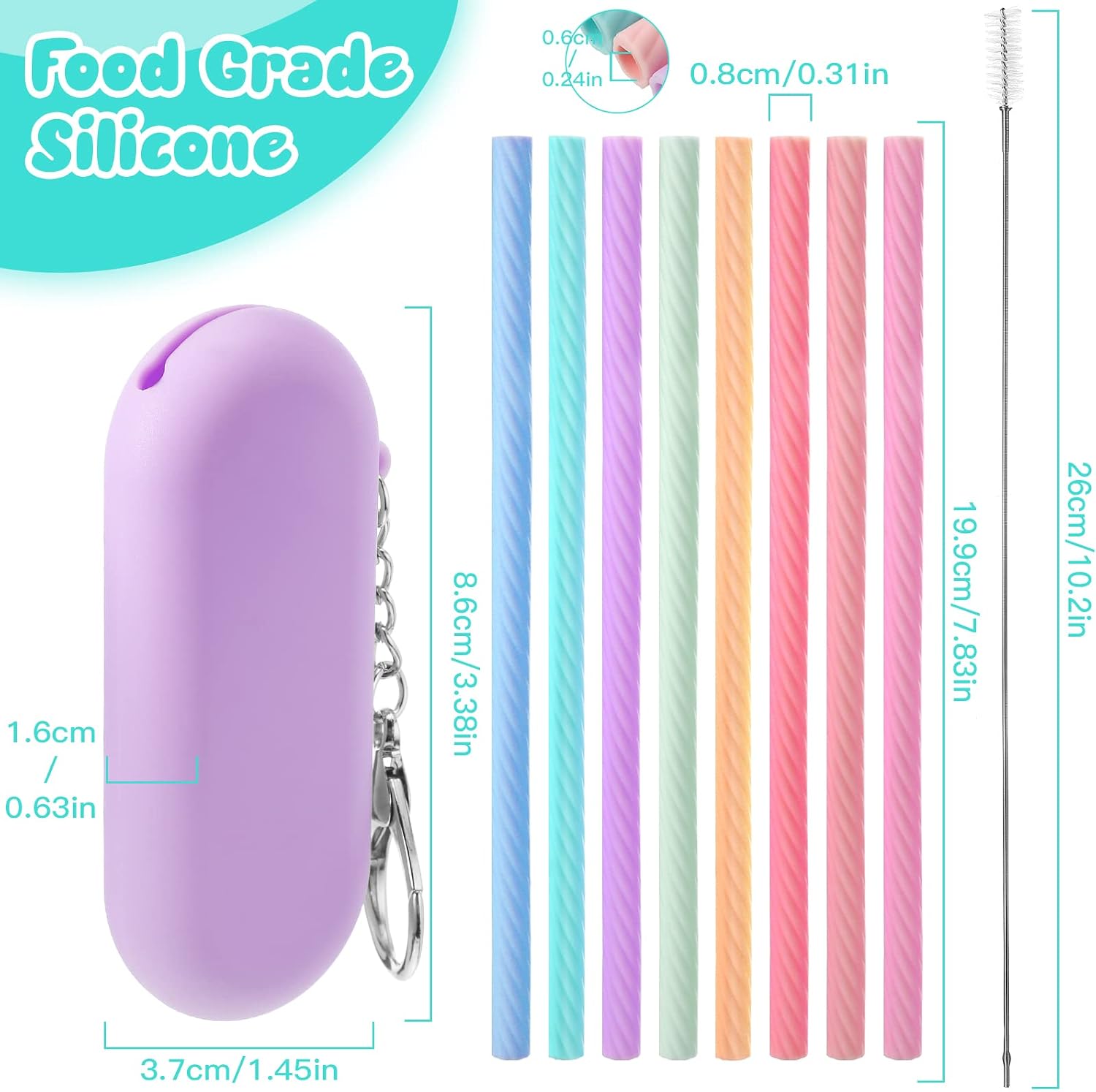 Meanplan 8 Set Silicone Travel Straws Reusable with Case,Light Color