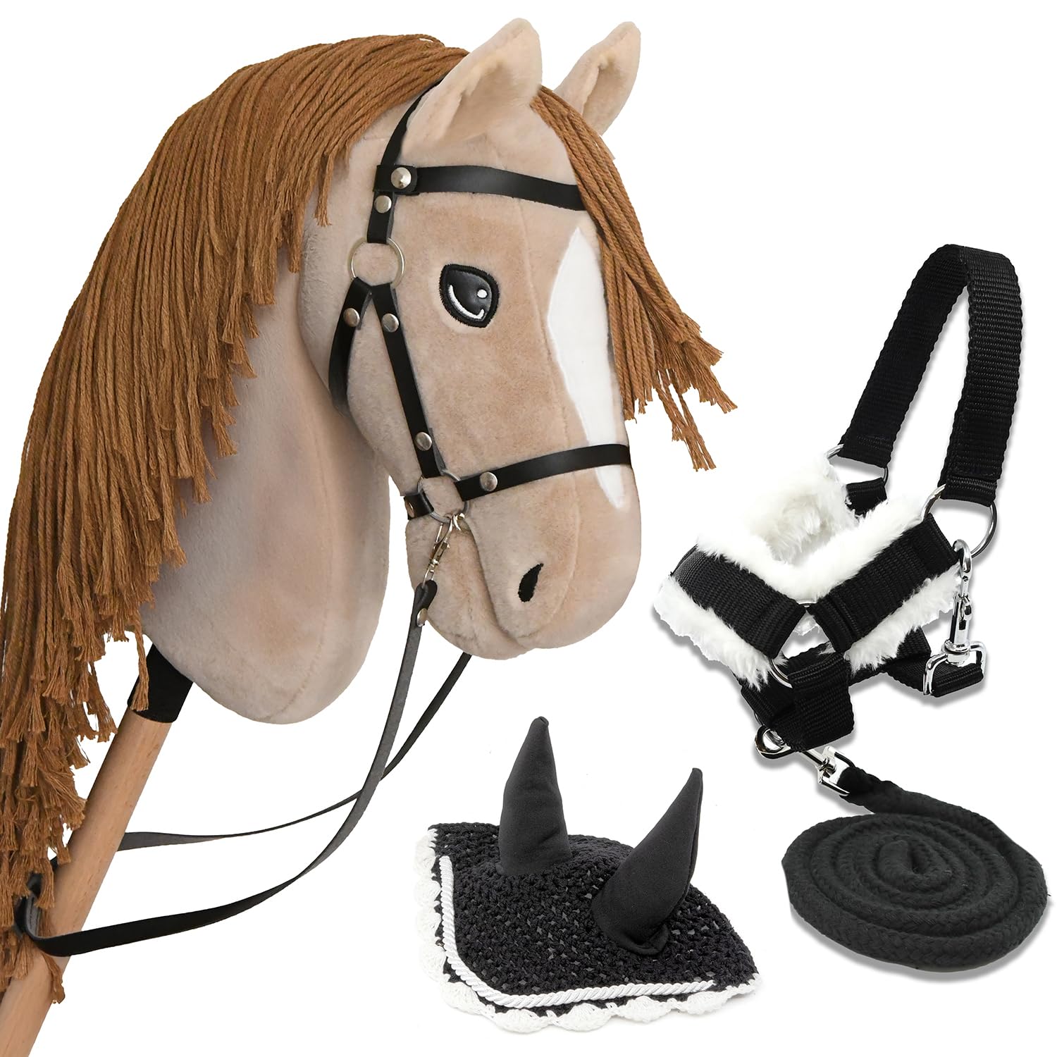 Hobby Horse Beige A3, Pferd, komplett mit Netz, Gebiss, Zügel, Halfter und Insektenmütze, schwarz und weiß, Pferdekopf, Stab für Hobby Horsing Kinder und Jugendliche