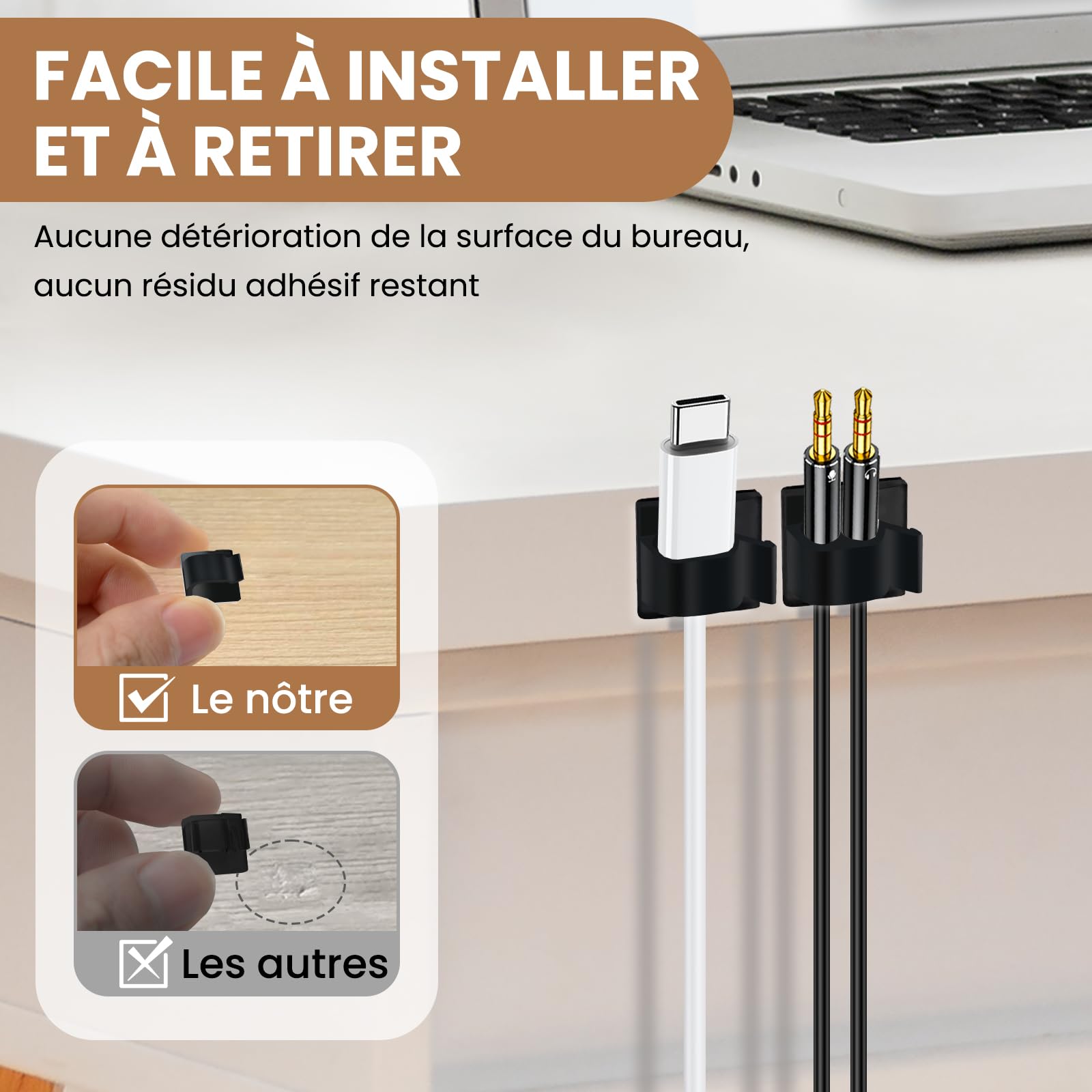 50 Pièces Attache Cable Adhésif, Clip Cable et Accroche Cable – Supports Gestion des Fils et Câbles Électriques, Noire