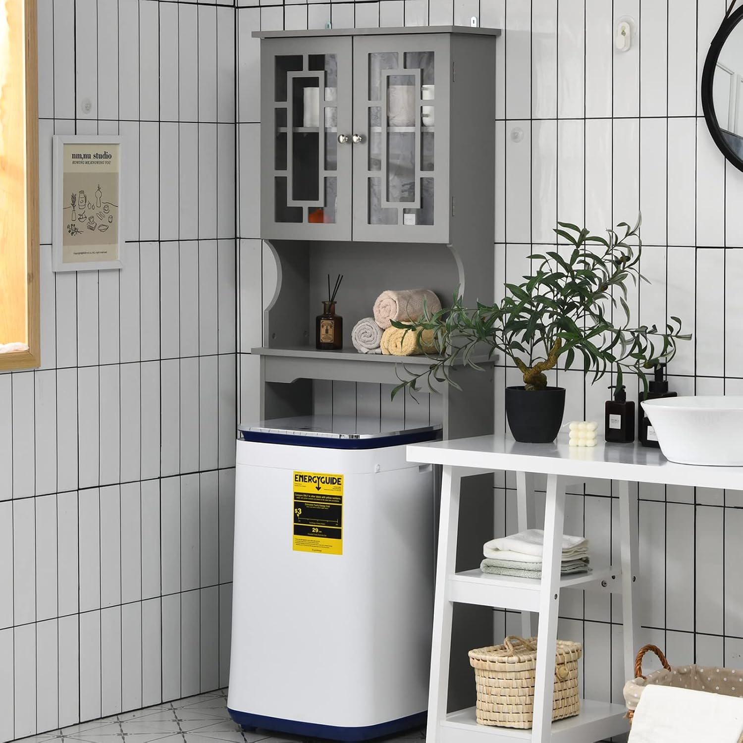 BestComfort Wooden Over The Toilet Storage Cabinet, Home Bathroom Space Saver, Double Doors, Adjustable Shelf Organizer, Open Storage Shelf, Freestanding Toilet Storage Rack Unit (Gray), Grey