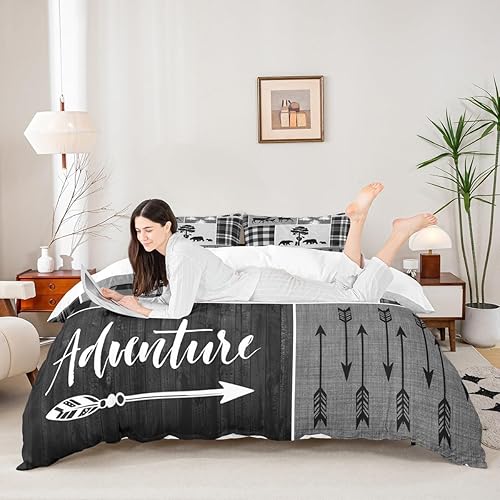 Miniatura 9 de Juego de funda de edredón para niños de ciervo, oso, lobo, tamaño matrimonial, juego de ropa de cama de cabaña de aventura para niños, niñas,