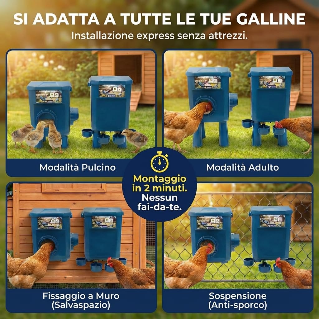 Kit Mangiatoia e Abbeveratoio per Galline 8KG/7L – Anti-Parassiti, Valvola Automatica, Anti-Cianobatteri, Ideale per Microfattorie e Allevatori Amatoriali, Autonomia a Lunga Durata, Riduce i Ricarichi