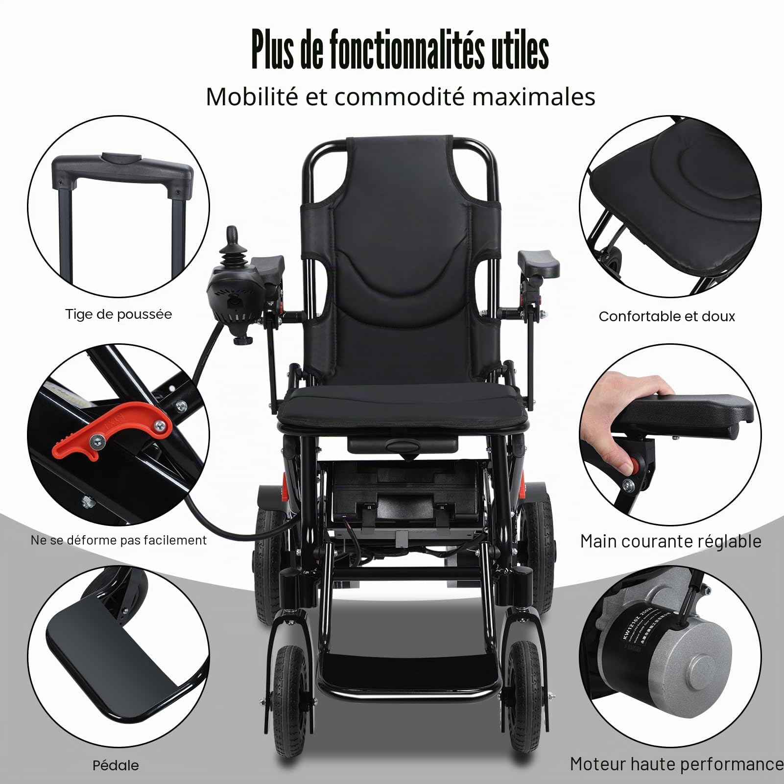 Fauteuil roulant électrique ultra léger pliable compact en aluminium de 22 kg pour adultes et personnes âgées, fauteuil roulant portable avec repose-pieds, 500 W, 20 km (noir)