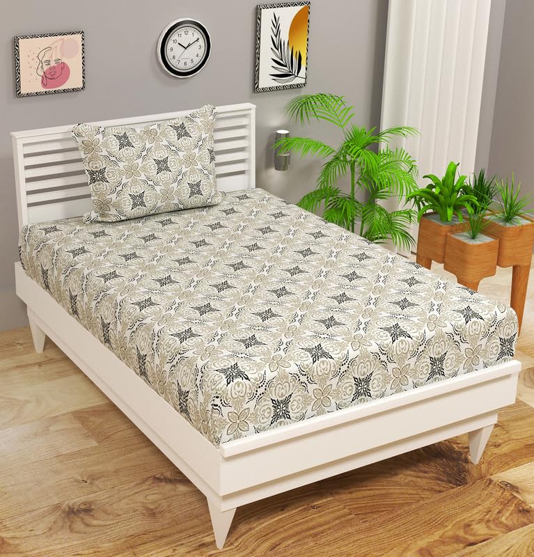 BSB HOME Pure Cotton 220 tc Flat Single | Diwan | Coat Bed Bedsheets for Summer Breathable | Wrinklefree (Size-60 X 90 Inch) with 1 Pillow Covers (Size-17 X 27 Inches, Floral, Grey & White)