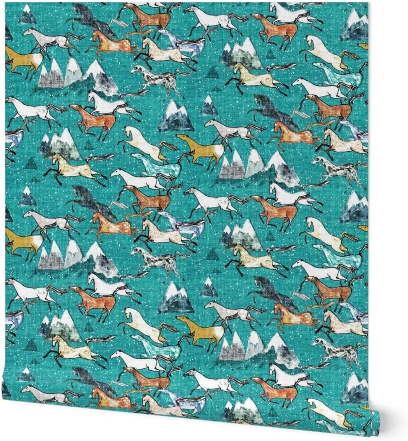Spoonflower Peel & Stick Wallpaper 3ft x 2ft - Wild Horses Teal Horse Mountain Cowboy Western Southwestern Australia Custom Removable Wallpaper