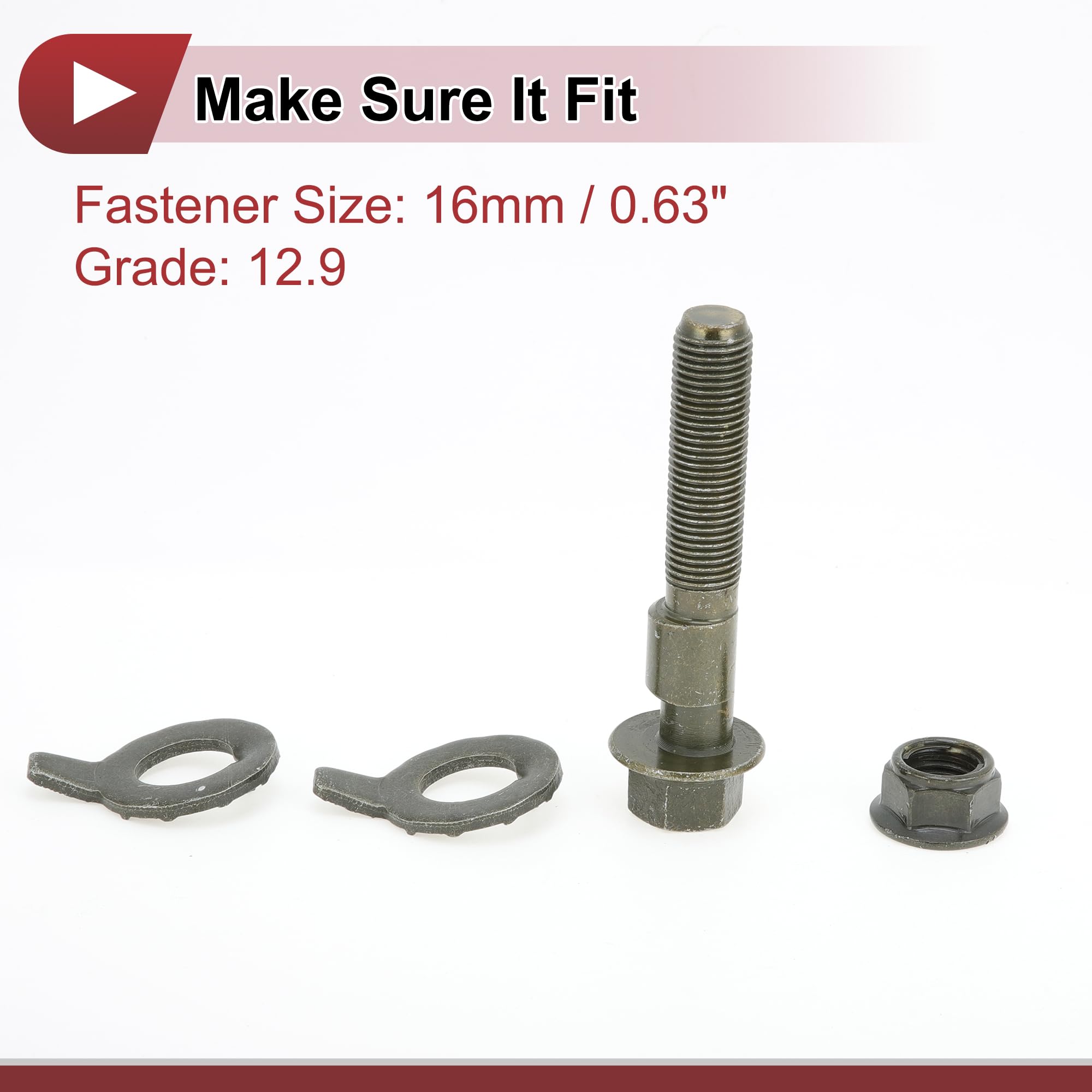 Kit De Boulons Excentriques 1 Paire Vert Pour Camber 35CrMoA | Réglage Cambrure, 16mm/0.63", 35CrMoA, Classe 12.9, 2 Joints, Revêtement Zinc, Anticorrosion, Stabilité