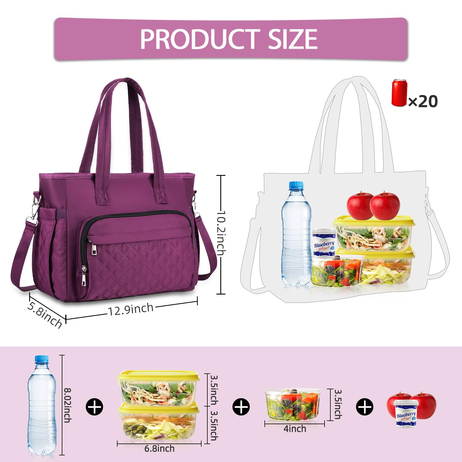 HSHRISH Lunch Bags for Women,12L Insulated Lunch Bag for Women Adults with Adjustable Shoulder Strap and Bottle Holder - Image 2