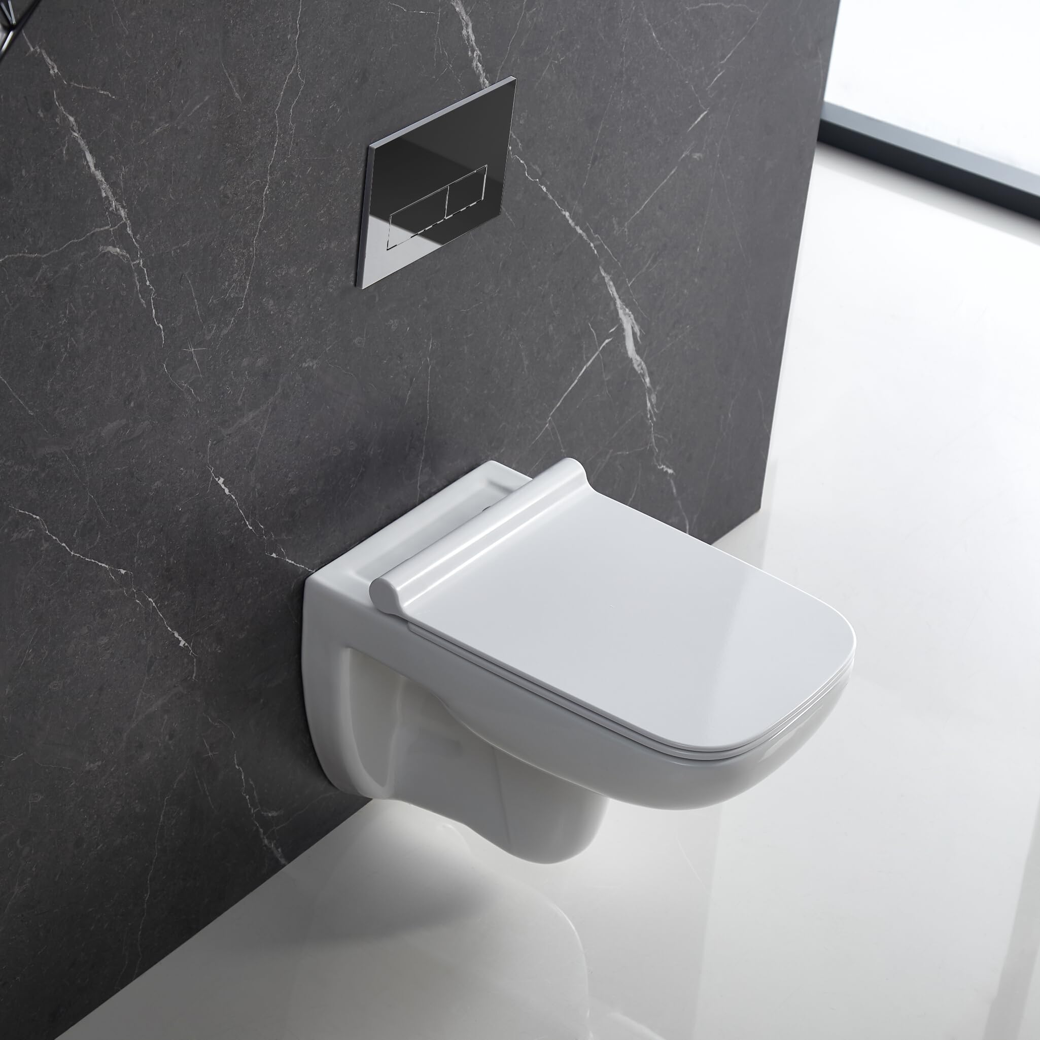 Set per WC con piastra di pressione + WC da parete Capri Slim senza bordo + sedile WC con chiusura soft close (RC)