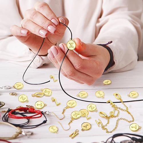 Miniatura 3 de Yinkin 8 juegos/208 piezas mezcladas de letras redondas de letras de la A a la Z inicial de metal para fabricación de joyas y manualidades, Metal,