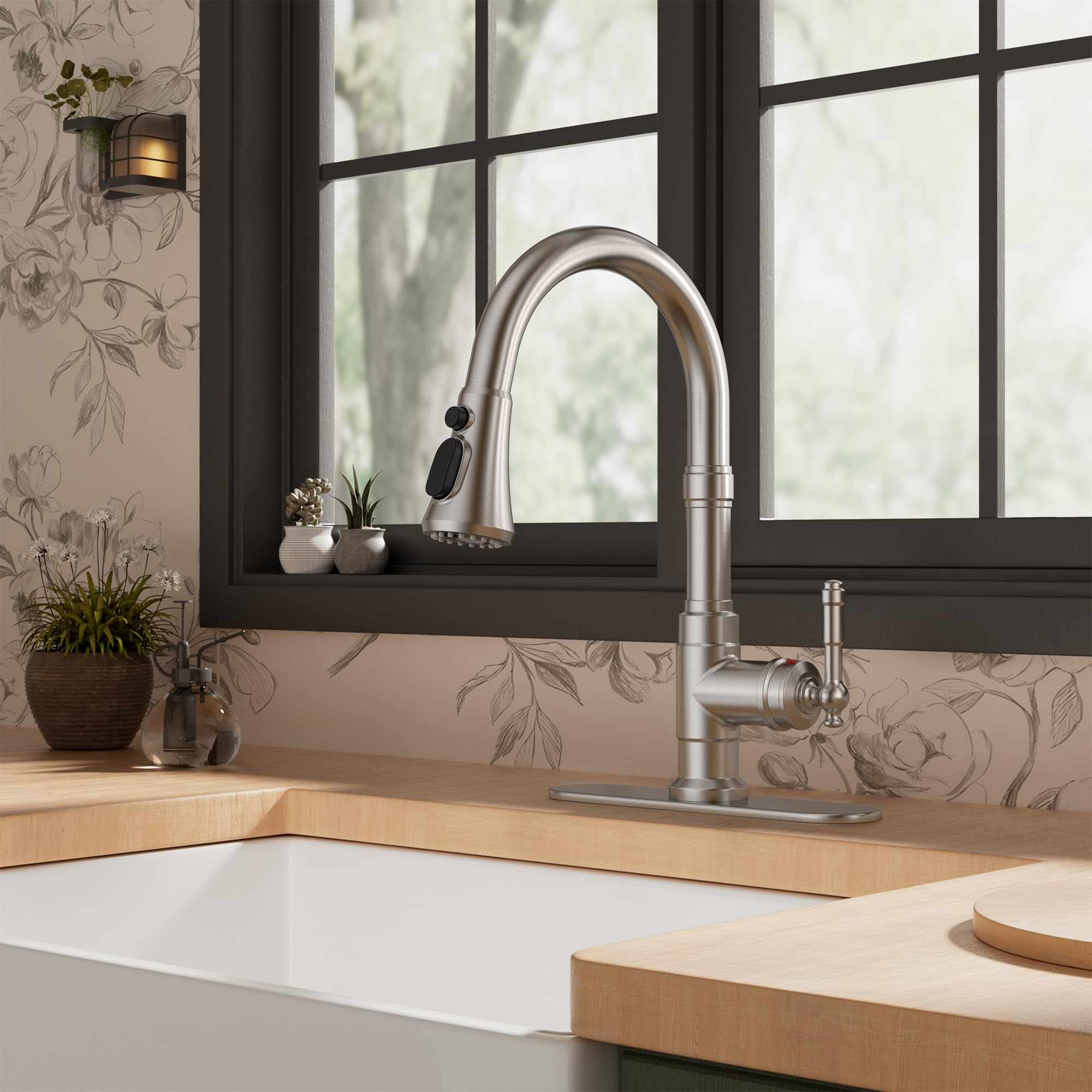 Grifos de cocina vintage con rociador extraíble, grifo de fregadero extraíble de acero inoxidable de arco alto con manija única y acabado níquel cepillado, ideal para casas de campo, caravanas, auto