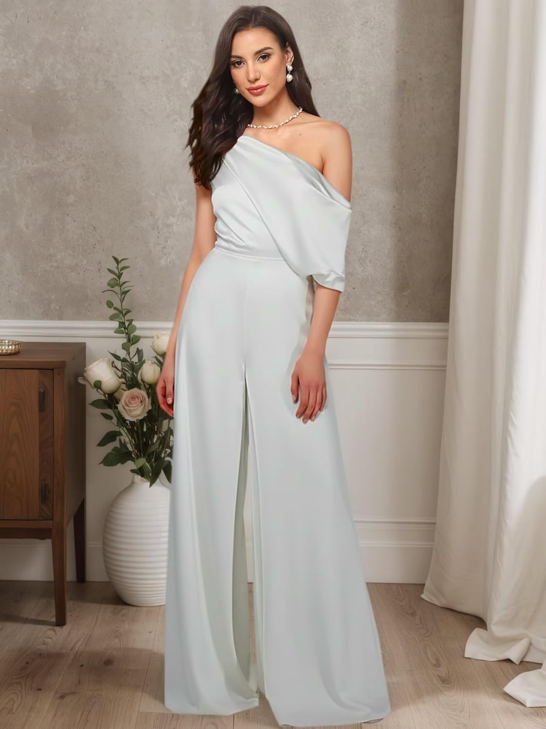 One Shoulder Mother of The Bride Jumpsuits for Wedding Satin Short Sleeves Formal Evening Pantsuits Wide Leg - Image 3