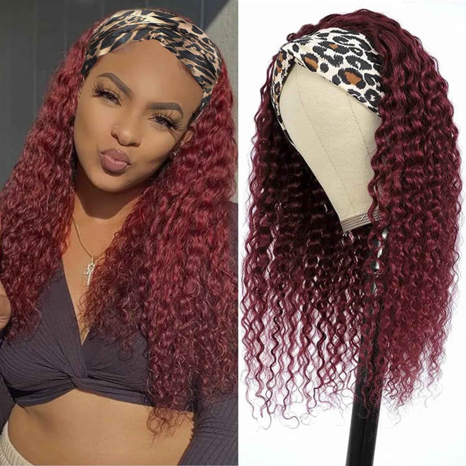Deep Wave Human Hair Headband Wig - Glueless, Curly, Lace Front - For Black Women (12inch, 99J)