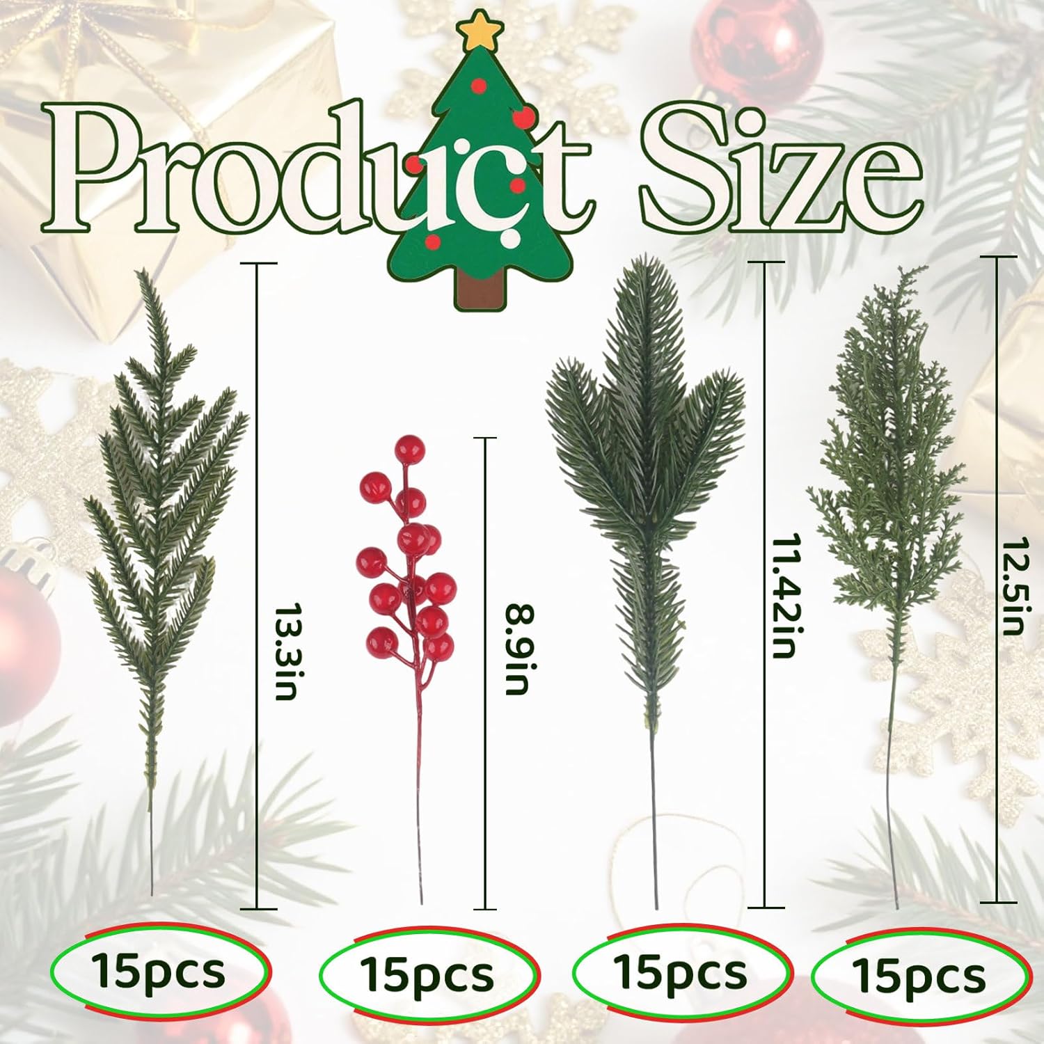 60 Pcs Christmas Greenery Stems for Vases Artificial Pine Branches for Decorating Fake Pine Evergreen Cypress Stems Red Berries Holiday Decor Garland Indoor