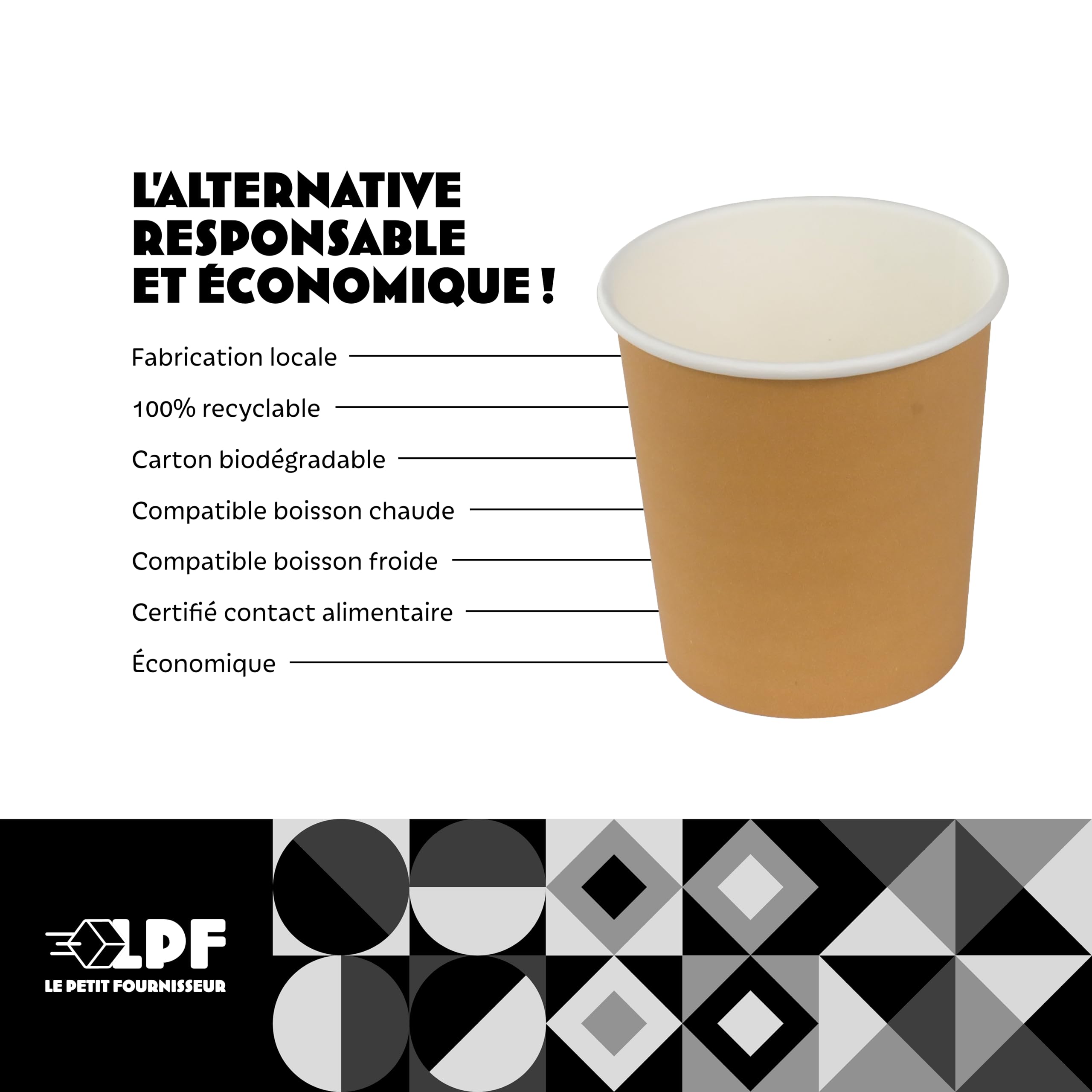 LPF LE PETIT FOURNISSEUR - 500 Gobelets Carton Brun 10cl - 100% Recyclable - Boissons Chaudes ou Froides