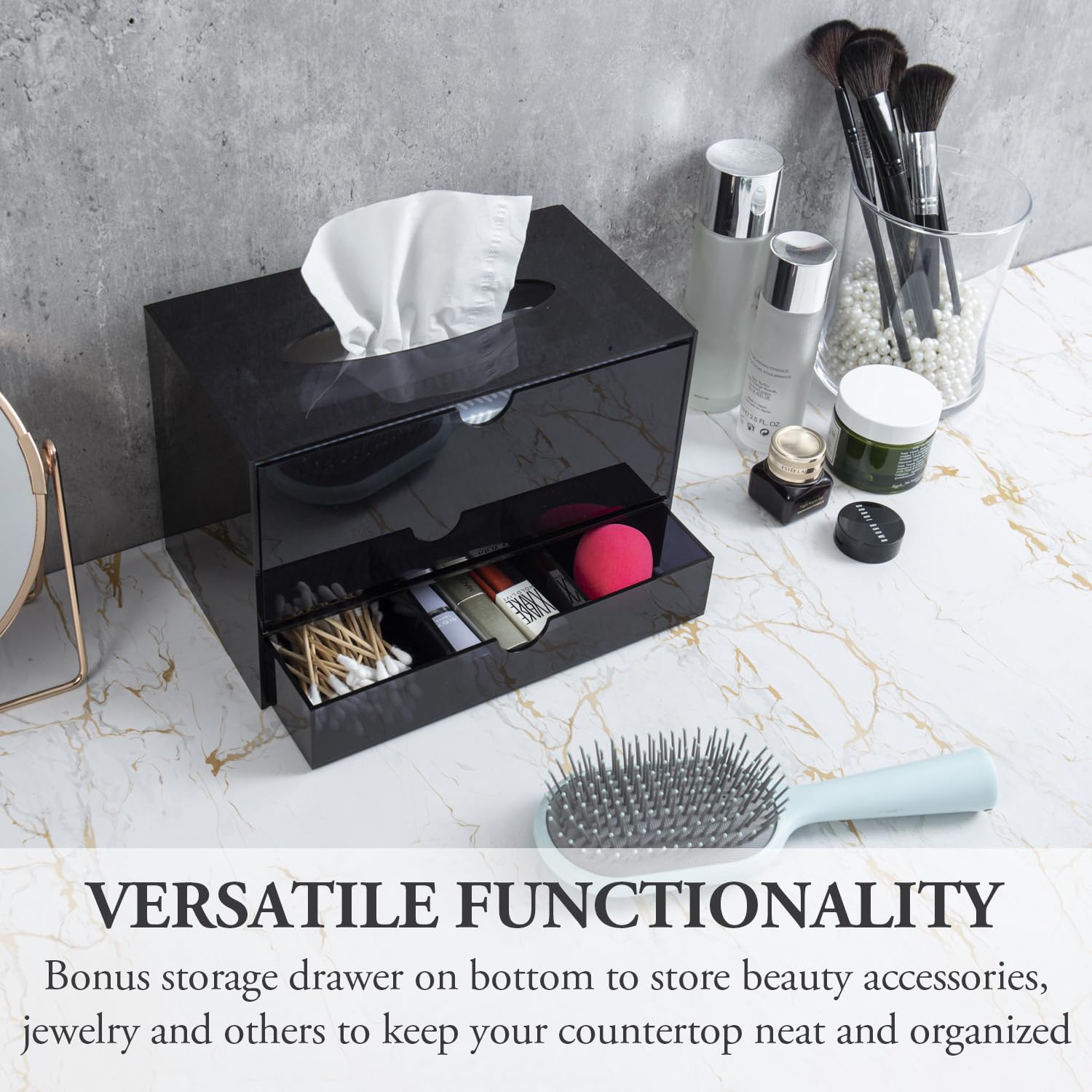 MyGift Premium Black Acrylic Cosmetic Organizer Caddy and Tissue Box Cover with Pull Out Makeup Storage Drawer - Countertop Bathroom Supplies Holder