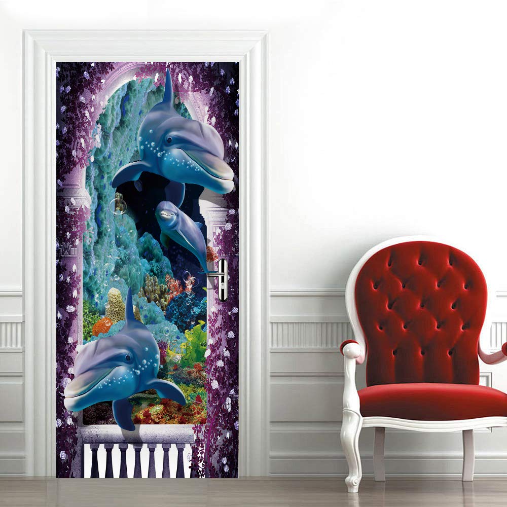 Stickers mural porte 3D dauphins en vinyle haute définition 63x205 cm