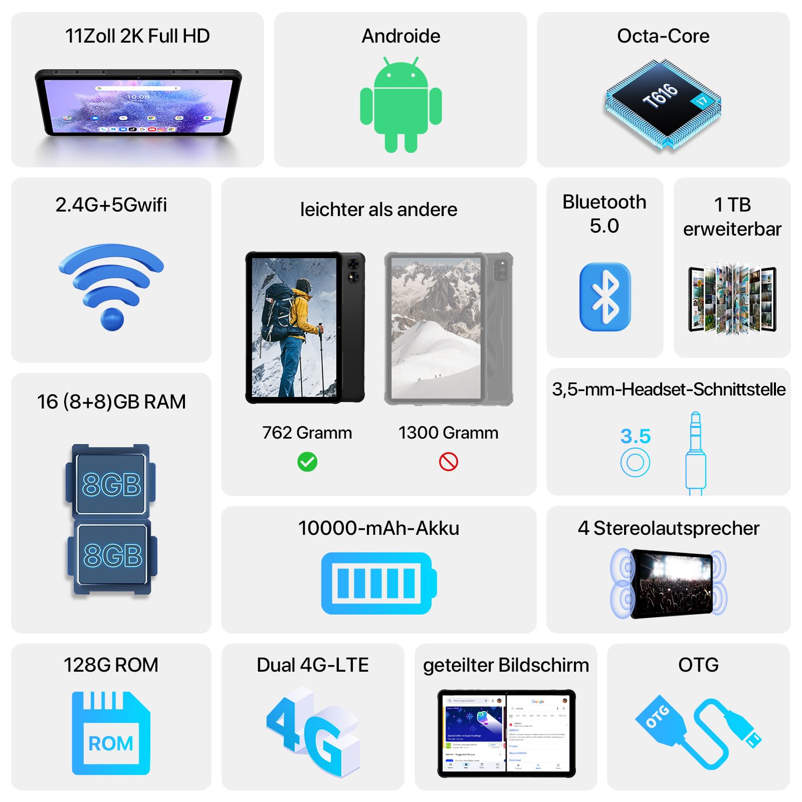 UMIDIGI Outdoor Tablet 11 Zoll 2K FHD+,16GB+128GB,Dual 4G SIM Tablette | Active T1 Leichtes Rugged Tablet Wasserdicht, Octe-Core/16MP*2/10000mAh/GPS/OTG/5G WIFI/IP68/IP69K, Android Tablets mit Stift