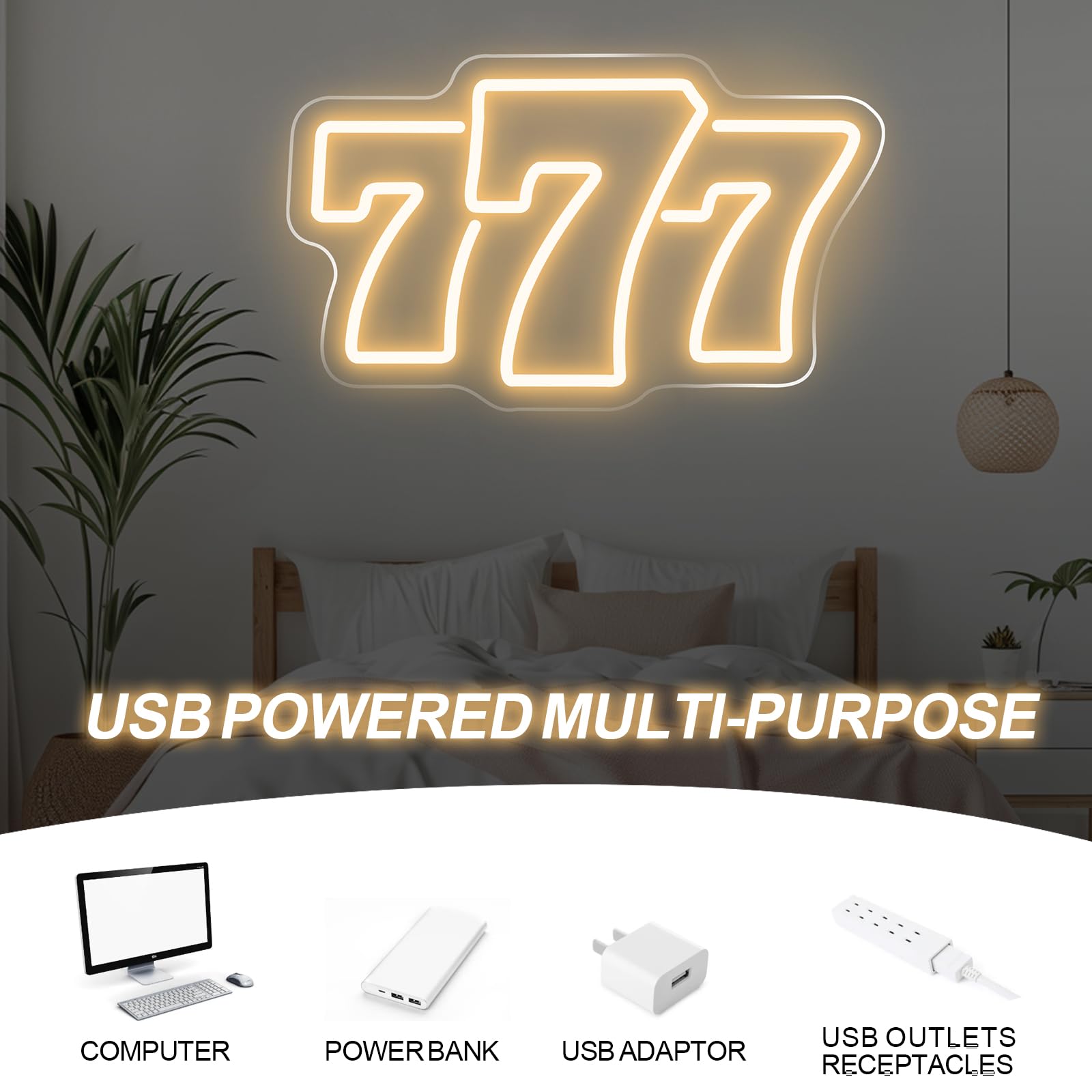 Insegna al neon 777 bianco caldo, 39,9 x 24,9 cm, angelo fortunato, luce a LED per camera da letto, decorazione casinò, sala giochi, grotta uomo, bar, serata poker