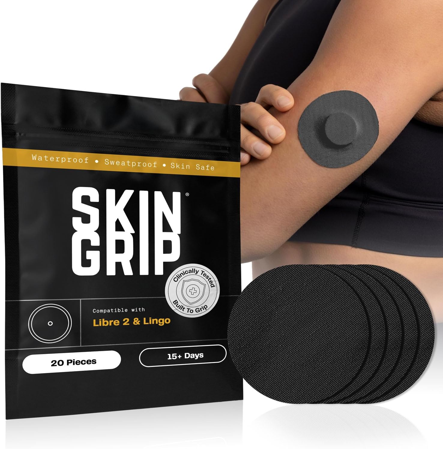 Skin Grip CGM Patches for Freestyle Libre (20-Pack), Waterproof & Sweatproof for 10-14 Days, Pre-Cut Adhesive Tape, Continuous Glucose Monitor Protection(Black)