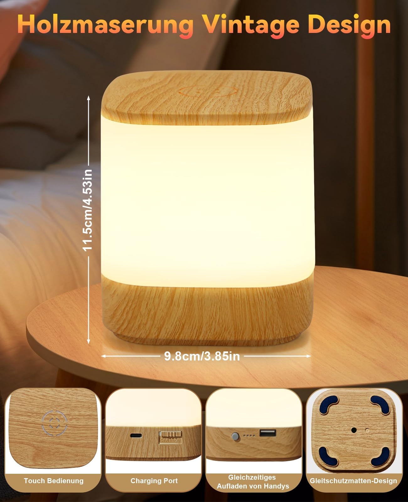 Homefire Lampada da Comodino LED 2ER Touch Dimmerabile: Lampada da Tavolo con Batteria 3600mAH, Ricaricabile USB, Lampada da Comodino Senza Fili con 3 Temperature di Colore e Timer, Luce Notturna per