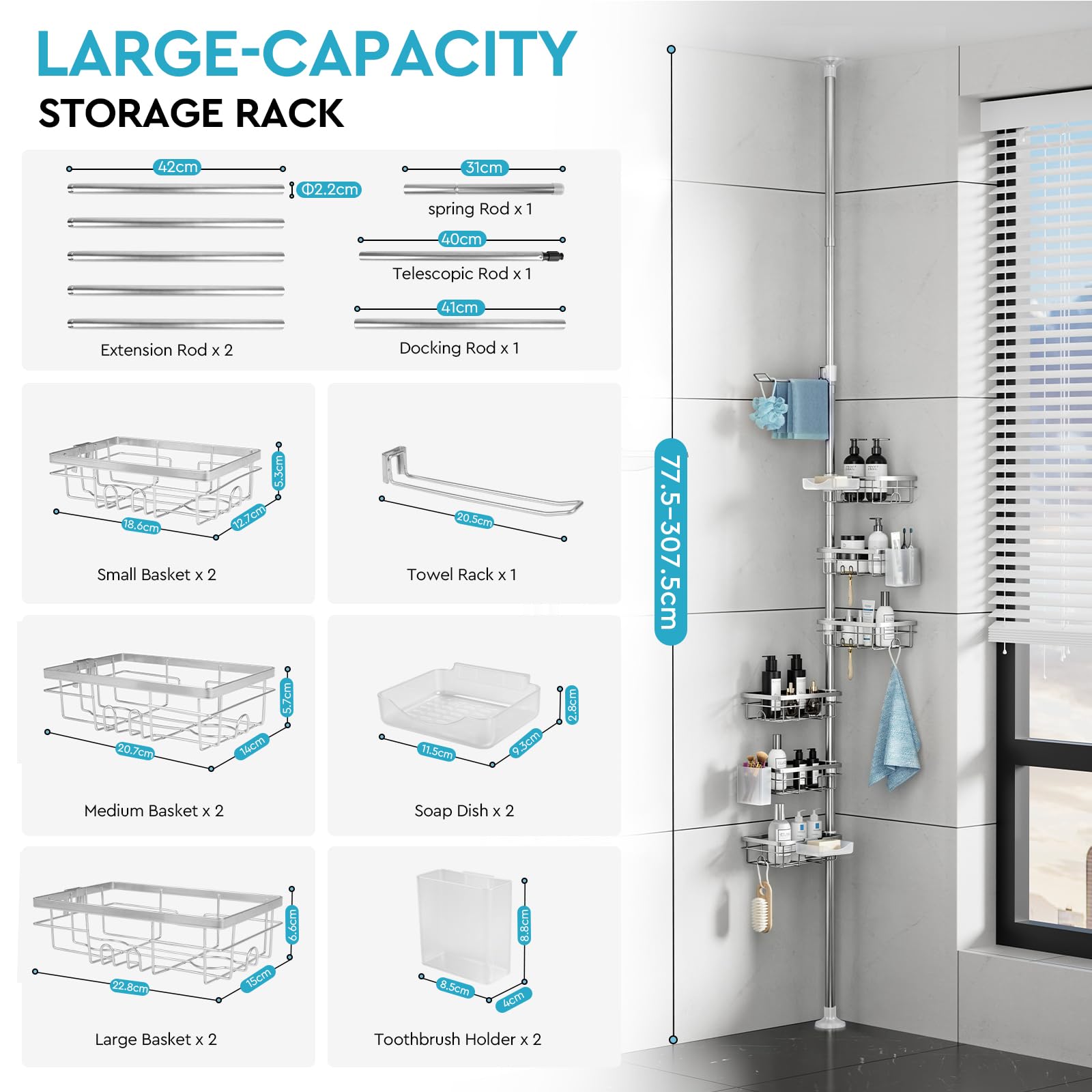 EXLECO Estantería telescópica para ducha con 7 estantes, sin agujeros, 78 – 308 cm, resistente a la oxidación, estantería de baño, estantería esquinera, organizador con barra para toallas, soporte