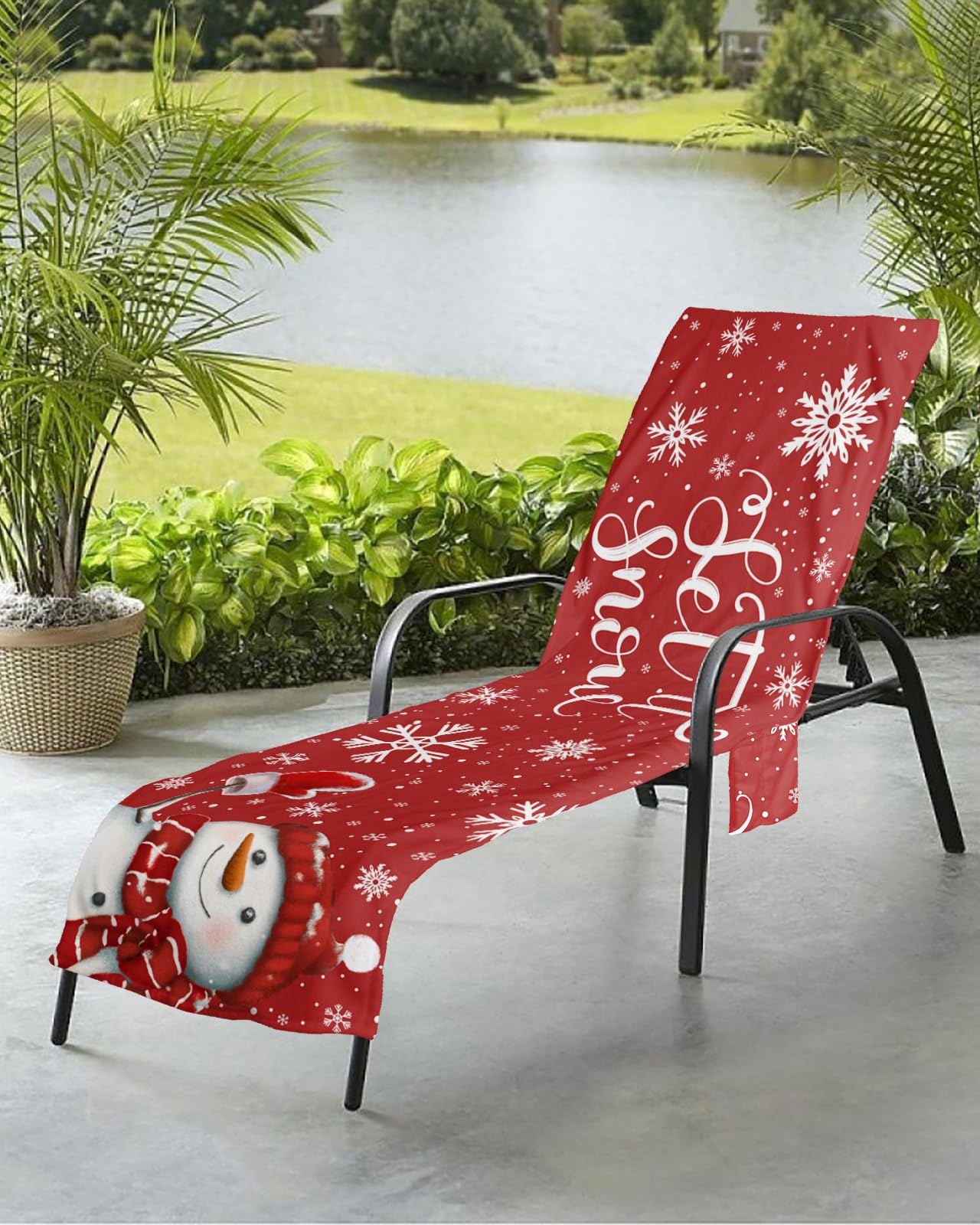 Snowman Beach Chair Towel Covers for Chaise Lounge With Side Pocket, Soft Plush Pool Towels Cover for Patio Sunbathing Outdoor 29''x85'' Red White Christmas Winter Snowflake