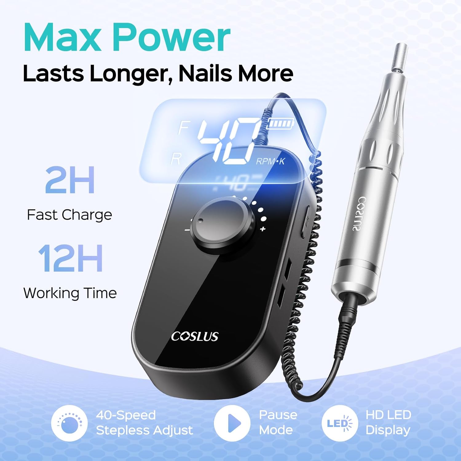 COSLUS E51 Professional Electric Nail Drill, 40000 RPM Portable Rechargeable Nail File with Storage Stand for Acrylic Gel Polishing Removing - Easy to Use for Women, Manicure at Home or Salon, Black