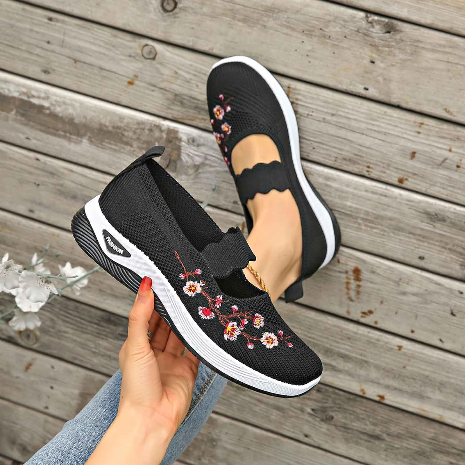 Famzuneu Orthopädische Schuhe Damen Marlene Sneaker mit Stickerei Diabetiker Sommerschuhe Leicht Krankenschwester Turnschuhe Atmungsaktive Mesh Bequeme Schlupfschuhe